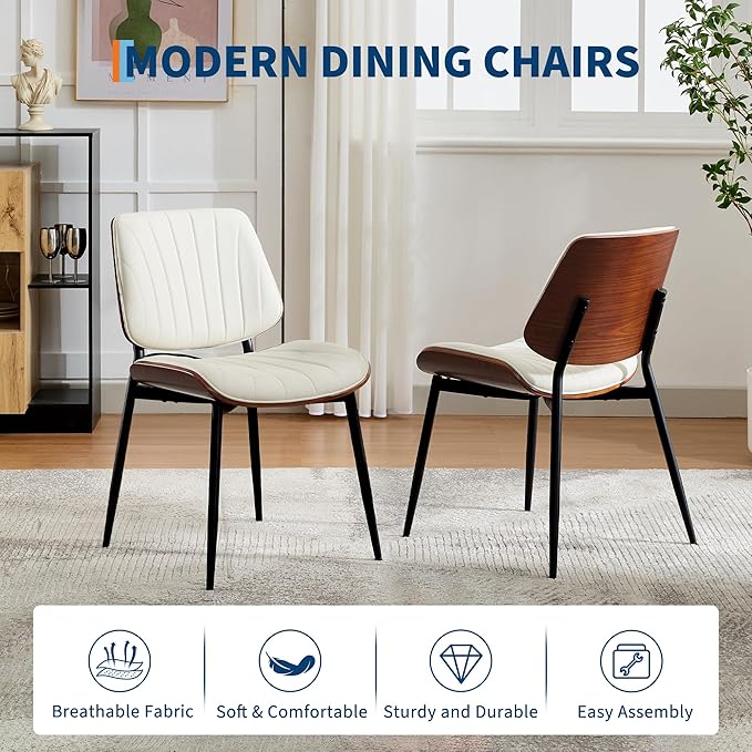 Garvee Dining Chairs Set of 2, Mid-Century Modern Upholstered Retro PU Leather Kitchen Chairs with Walnut Bentwood Back and Metal Legs Adjustable Feet for Kitchen Dining Room, White Shell Strips