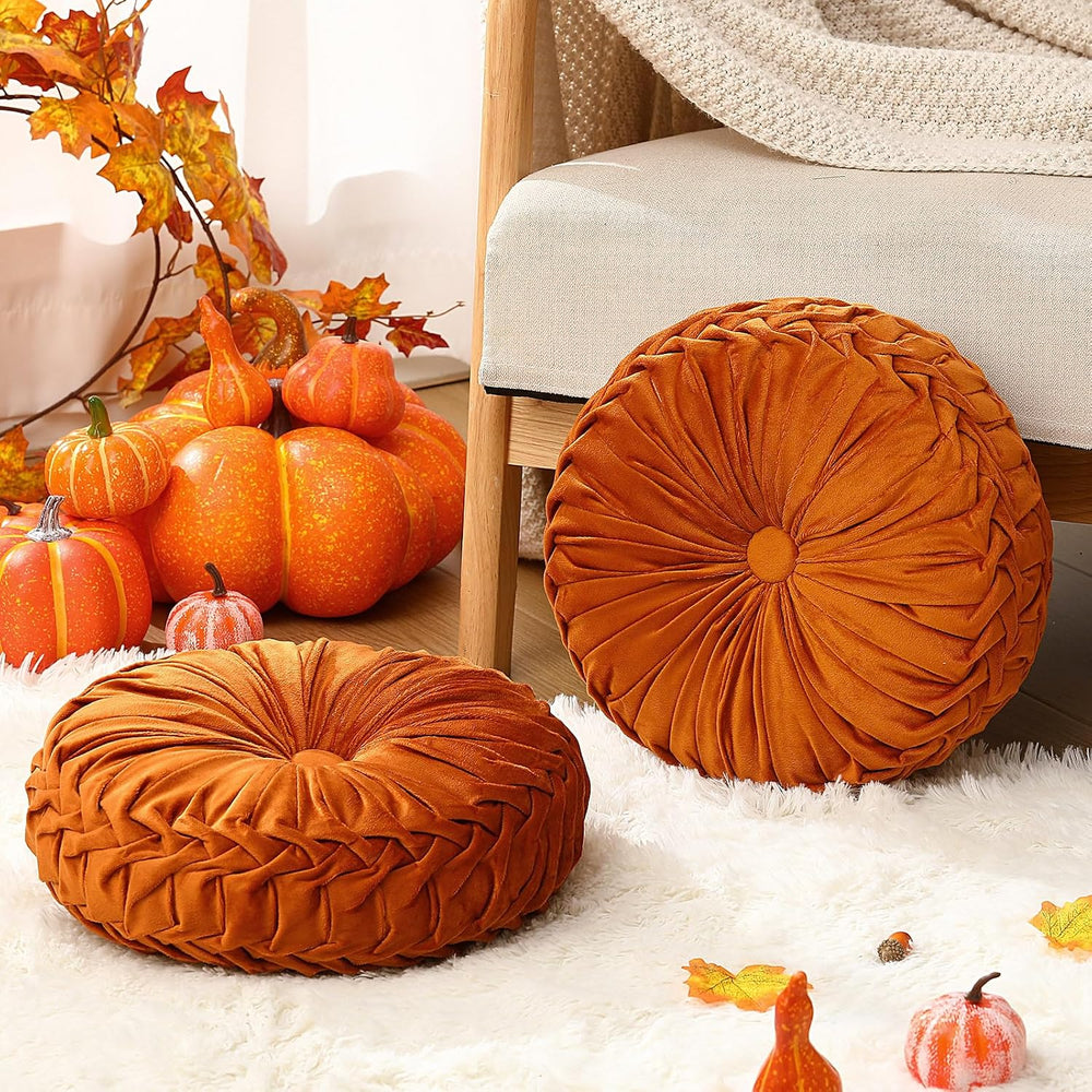 Beeveer 2 Pcs Round Throw Pillows Velvet Pleated Pillows, Orange