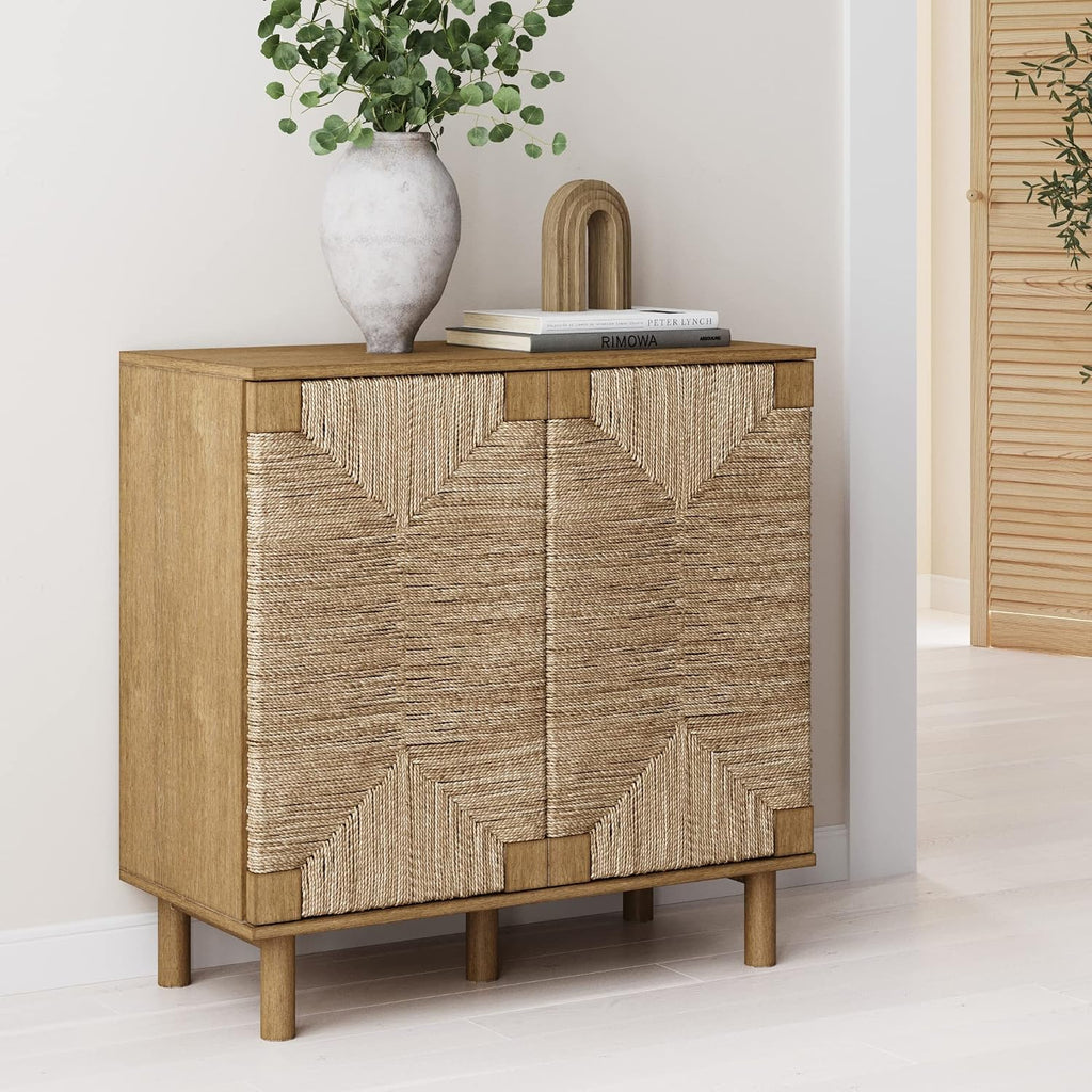 Nathan James Beacon Accent Buffet Sideboard Cabinet, Natural Light Wood Storage with Adjustable Interior Shelf and Seagrass Doors, for Hallway, Entryway or Dining Room, Light Brown