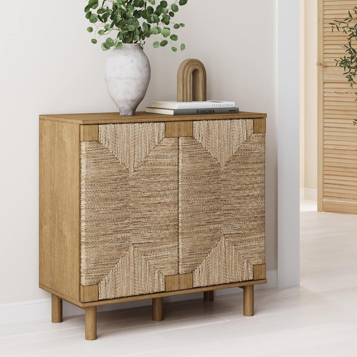 Nathan James Beacon Accent Buffet Sideboard Cabinet, Natural Light Wood Storage with Adjustable Interior Shelf and Seagrass Doors, for Hallway, Entryway or Dining Room, Light Brown