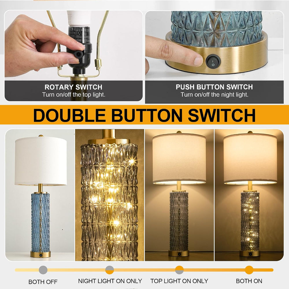 Oneach 27.75" Blue Table Lamps Set of 2 with LED Nightlight for Bedside