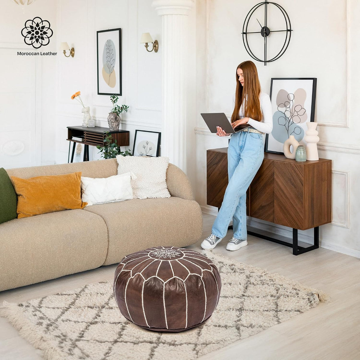 Moroccan Leather Handmade Pouf Ottoman Cover, Unstuffed Foot Stool, Round Boho Footrest for Living Room, Bedroom, Home Decor Gift (Brown By White)