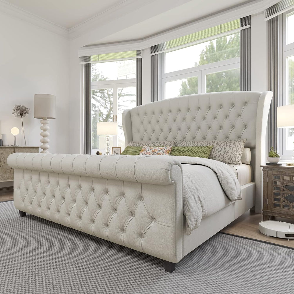 AMERLIFE King Size Upholstered Sleigh Platform Bed Frame with Headboard