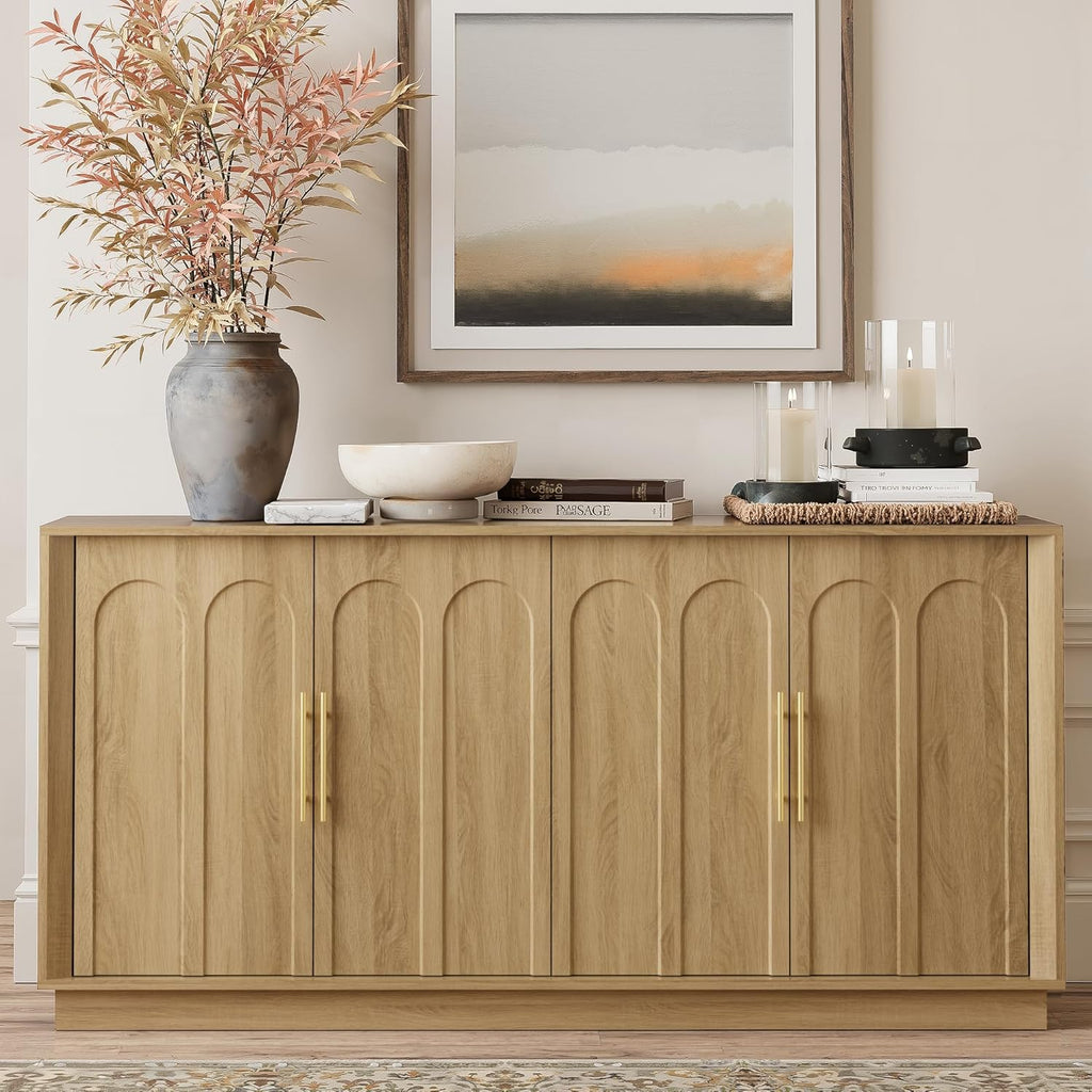 FORTUNETEC 67" Sideboard Buffet Cabinet with Storage, Arched Doors, Oak