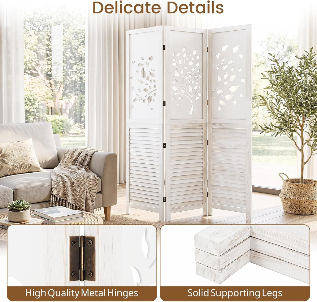 GIANTEX 3 Panel Folding Room Divider with Tree Leaf Cutout & Louvered Slats
