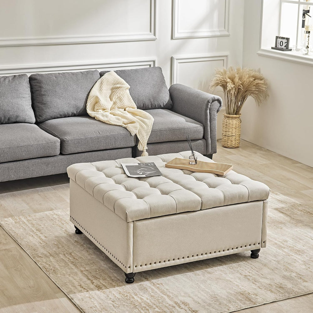 Redlife 35 Inch Large Square Storage Ottoman, Coffee Table Ottoman, Linen