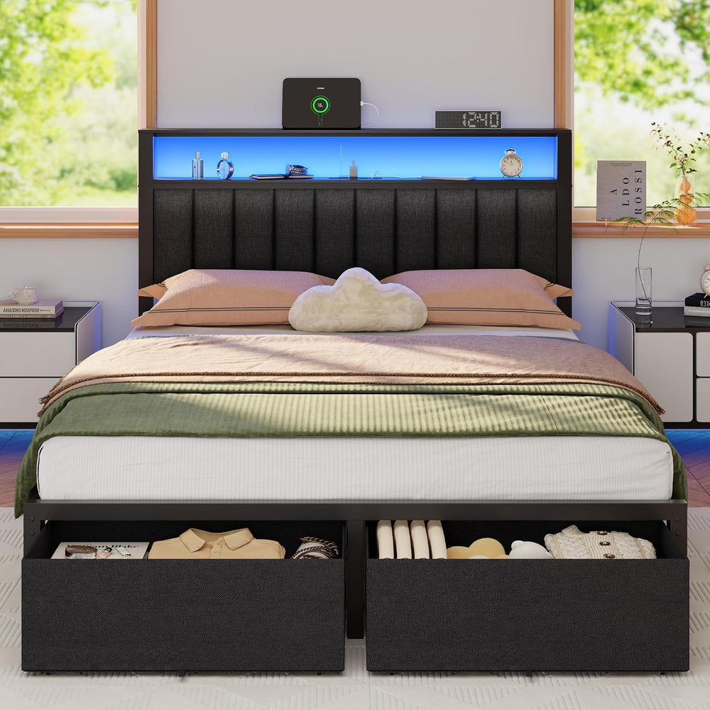 Furnulem Queen Bed Frame with Storage Drawers and Upholstered Headboard