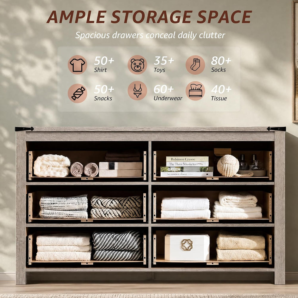 RedLemon Farmhouse 54" 6-Drawer Dresser for Bedroom, Light Rustic Oak