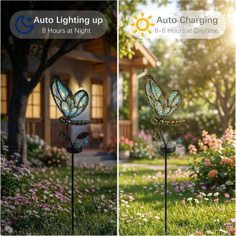 Solar Butterfly Garden Stake Light, Hand-Painted Blue Glass, 36in
