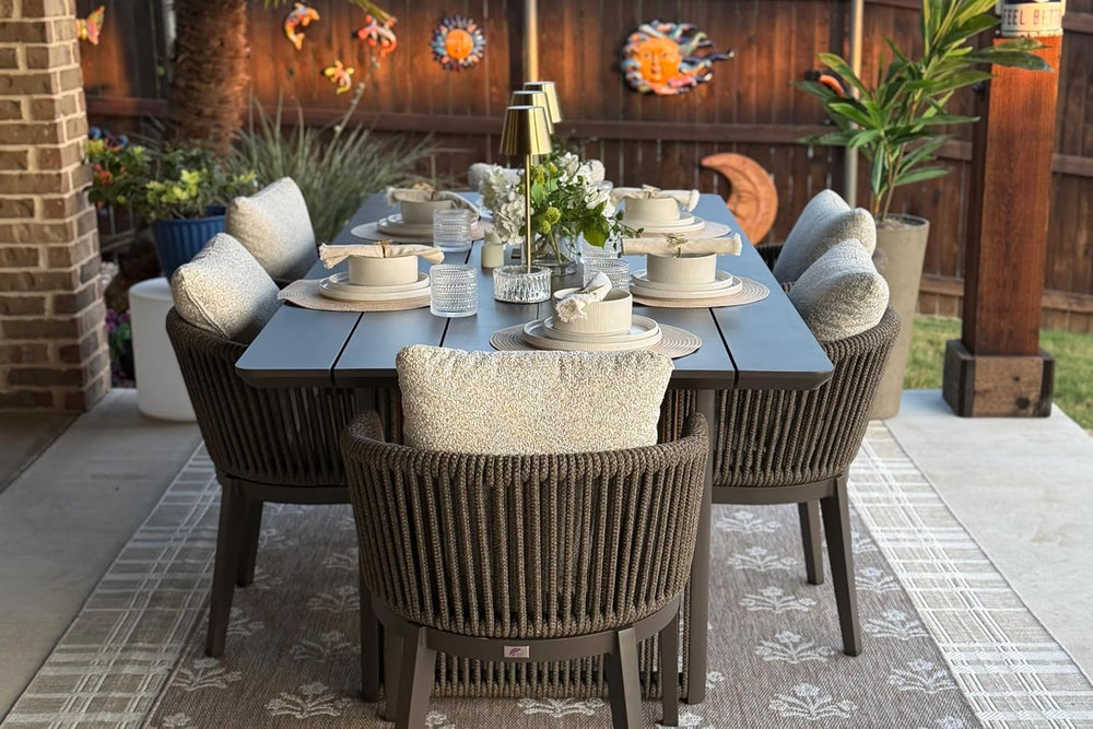 PURPLE LEAF Patio Dining Set for 6 Olefin Rope-Wrapped Backrest Coffee