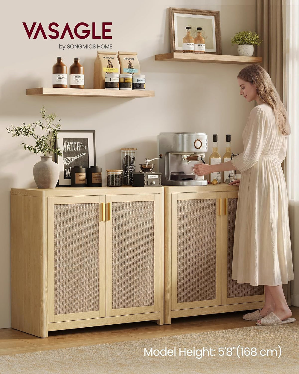 VASAGLE Boho Buffet Cabinets, Set of 2, with Rattan-Look Doors