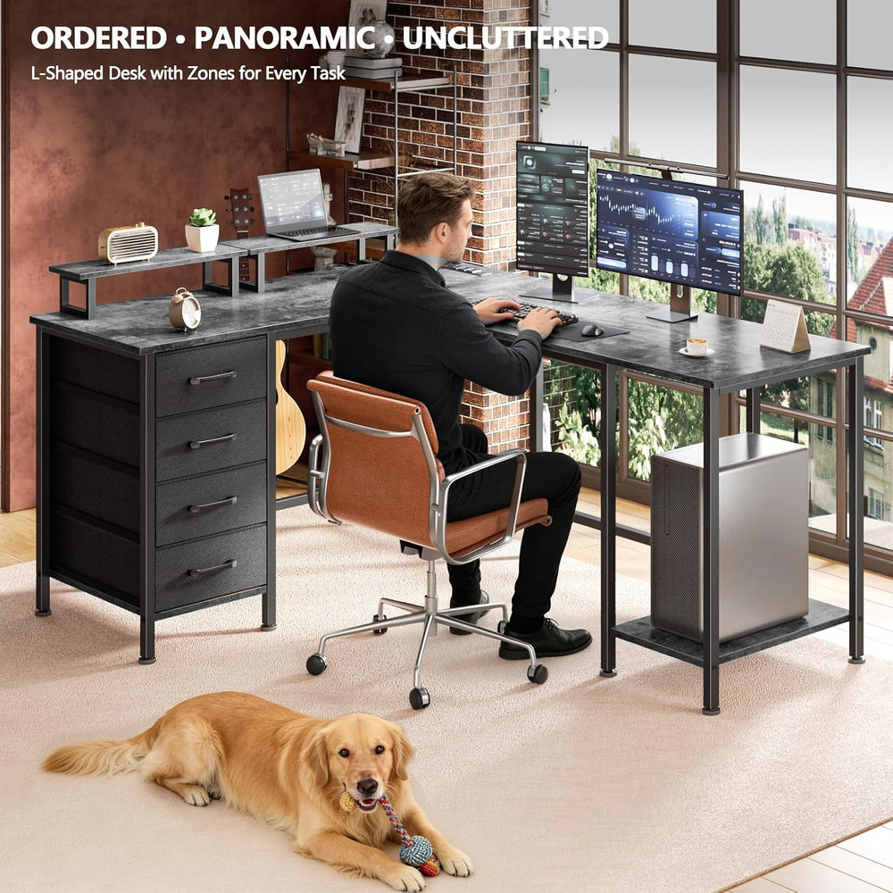 Korfile 59 inch L Shaped Computer Desk with Power Outlets, Grey
