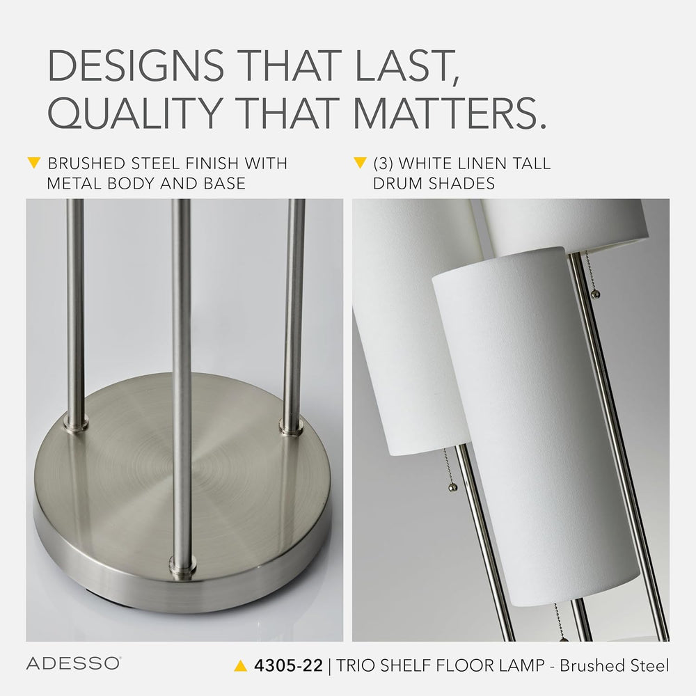 Adesso 3-Light Shelf Floor Lamp, Brushed Steel & White, Storage, 68”