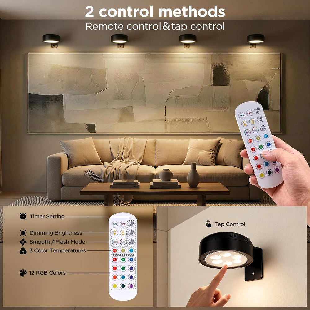 6-Pack Picture Lights for Wall, Rechargeable Wireless Poster Lights, Black
