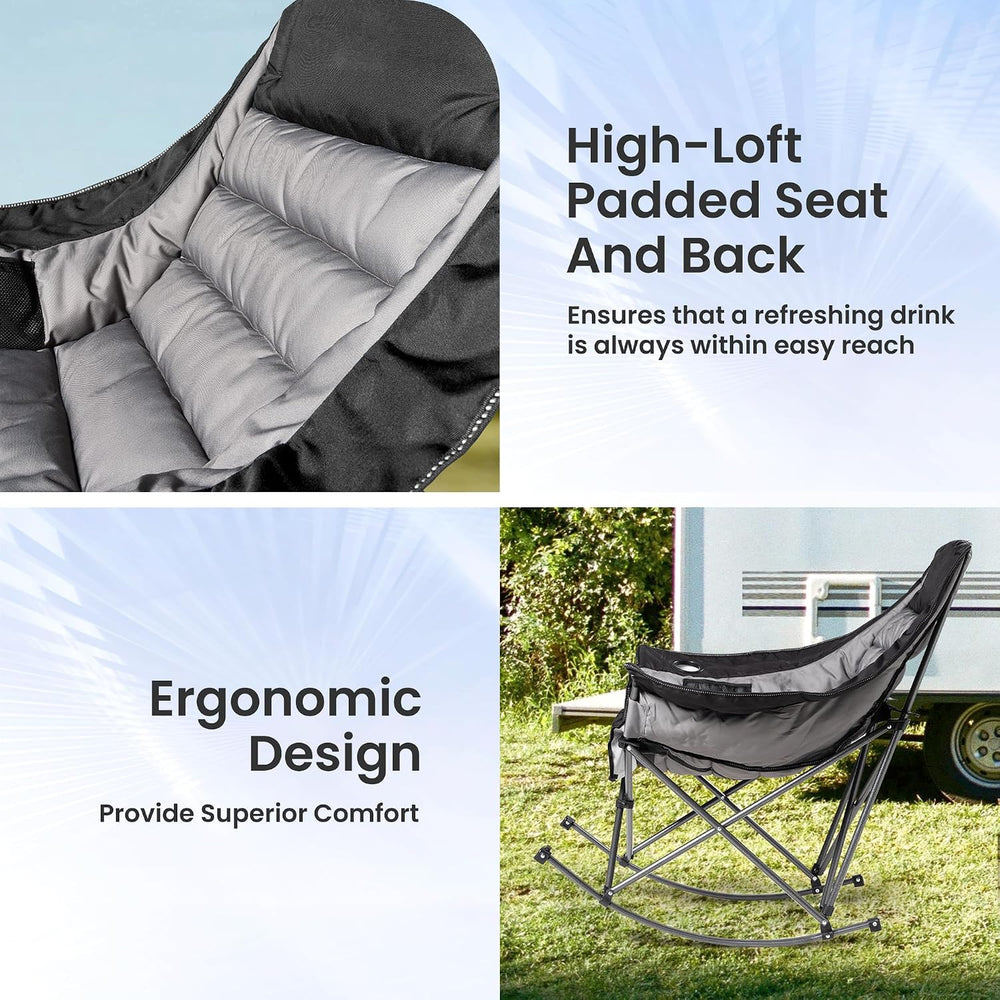 SUNW Oversized 400lbs Foldable Rocking Camping Chair with Cup Holder Side Poc...