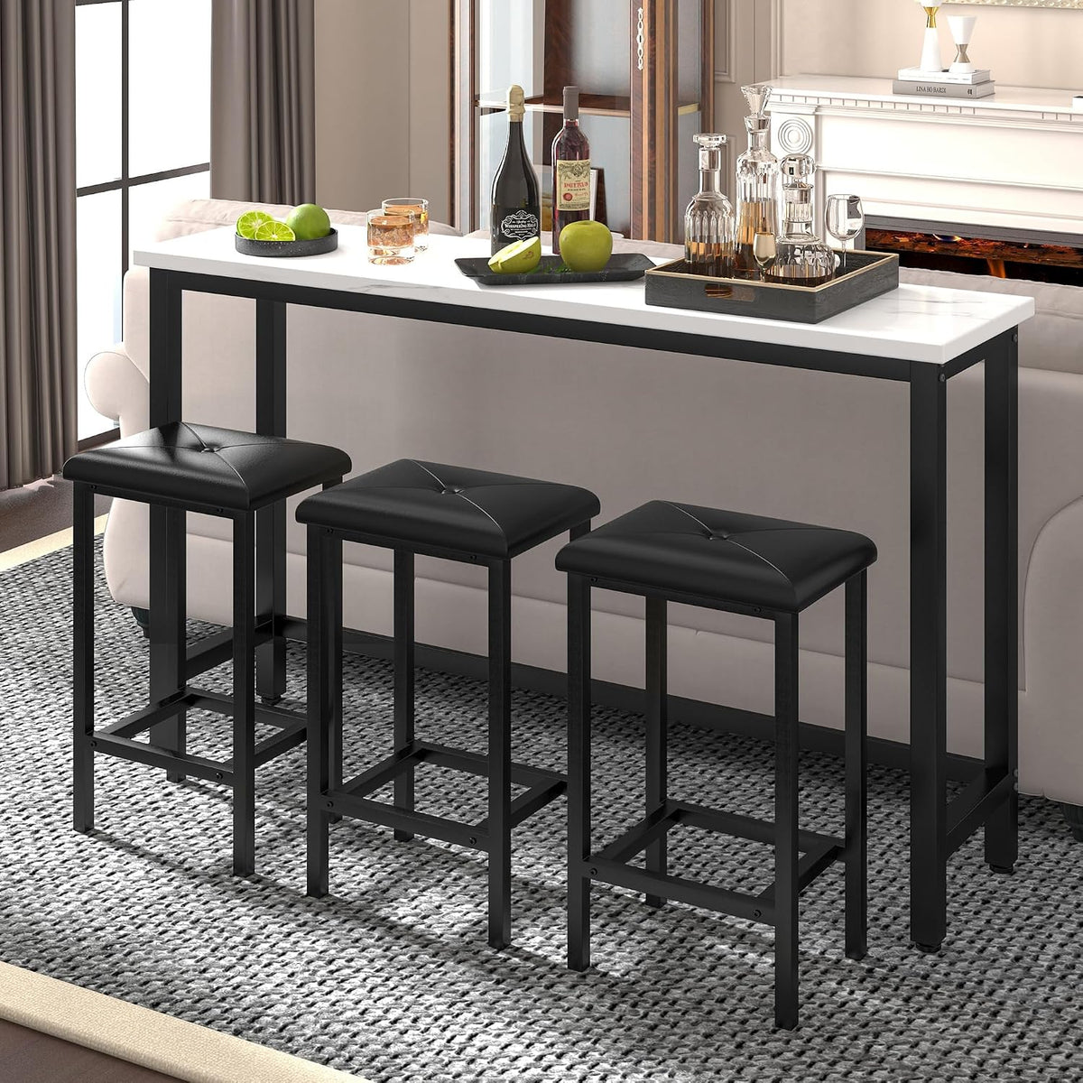Bar Table Set for 3, 60.2” Faux Marble Behind Couch Table Set, Modern Sofa Table with 3 Upholstered PU Stools, Space-Saving Bar Tables and Stools for Home, Apartment, Small Spaces (Black)