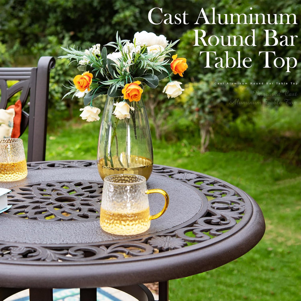 PHI VILLA 32" Cast Aluminum Round Patio Bistro Table, Brown