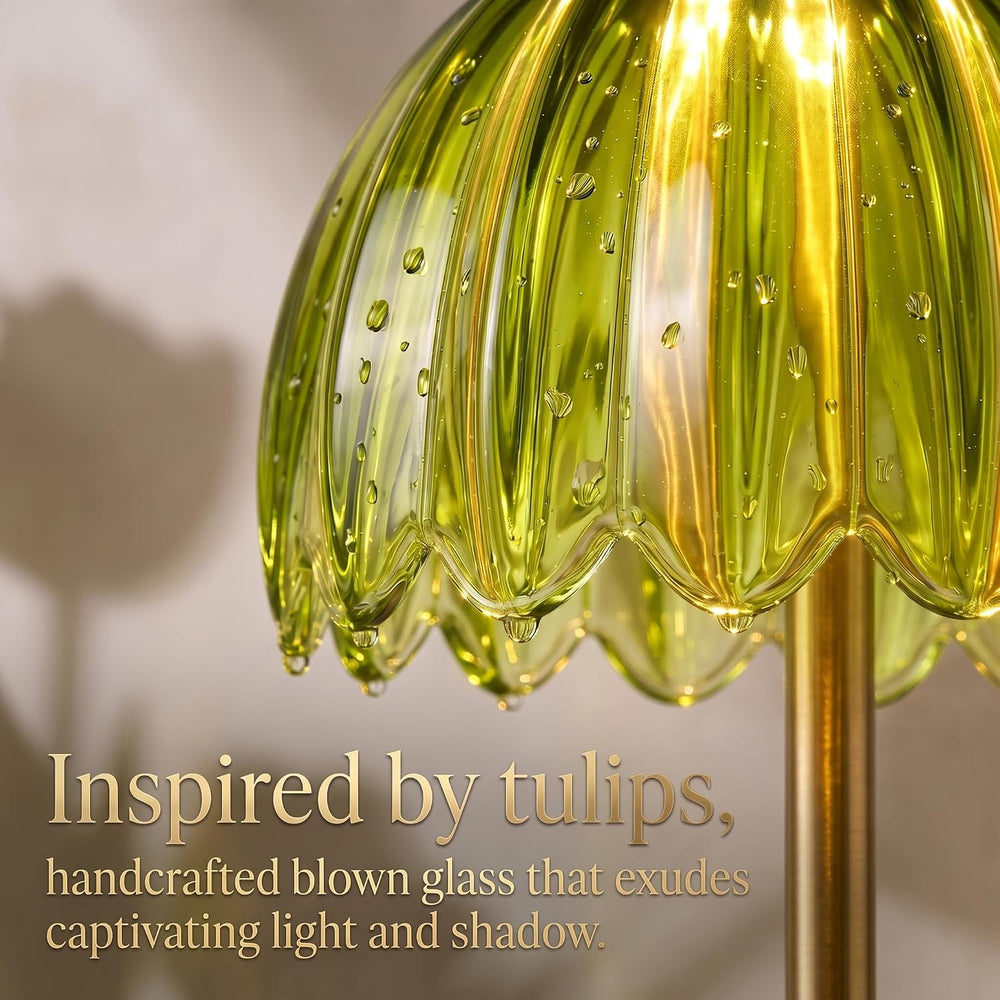 Tulip Glass Rechargeable Table Lamp, Floral Cordless Table Light(Green)