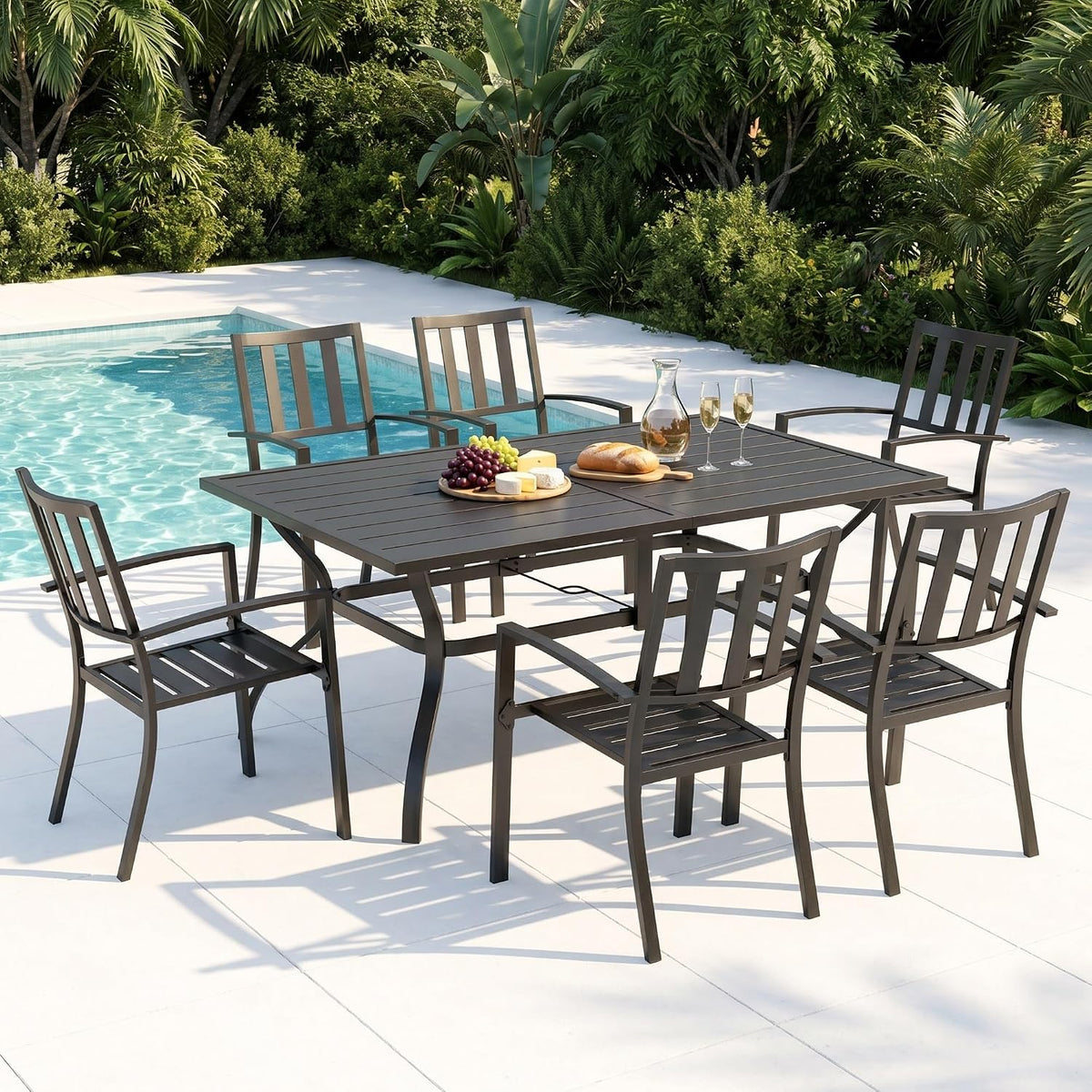 MFSTUDIO 7 PCS Patio Dining Set, 60" Rectangular Table&Metal Chairs
