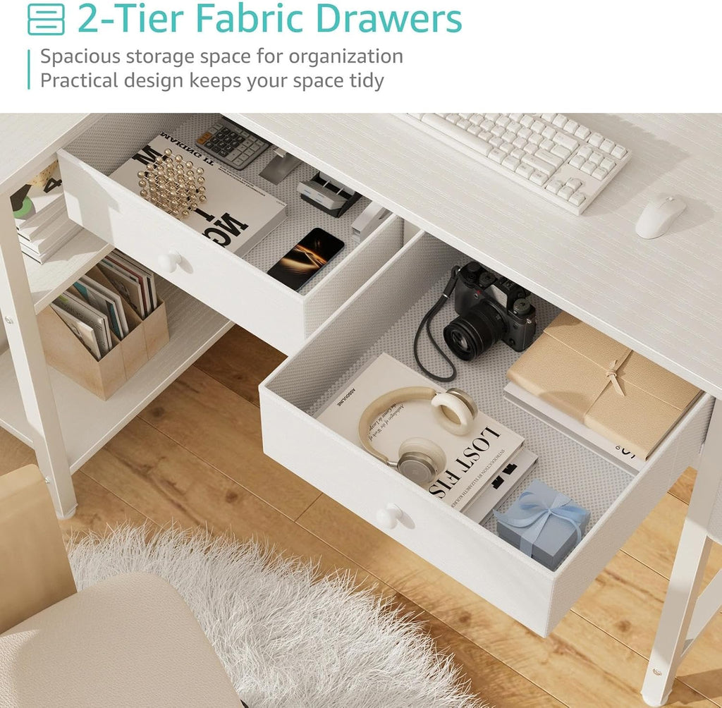 Small White 40 Inch L Shaped Corner Desk with Drawers & Storage Shelves
