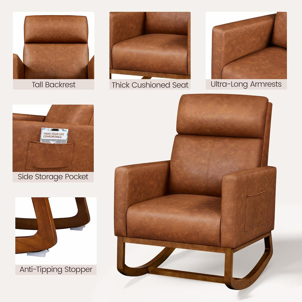 Yaheetech 28in Wide Padded High Back Glider Rocking Chair, Brown Leather