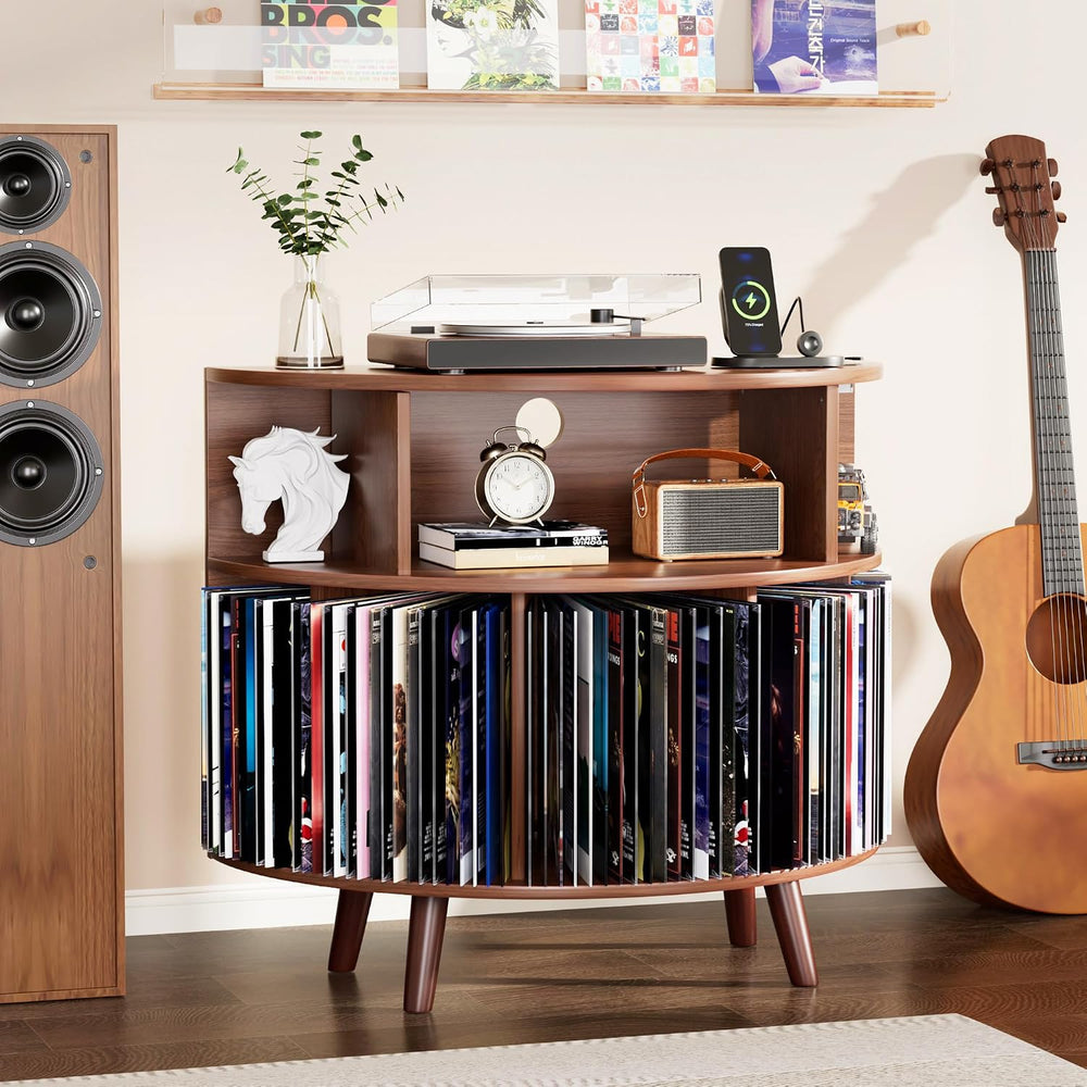 31.5" Record Player Stand with Power Outlet, Curved Vinyl Storage Cabinet