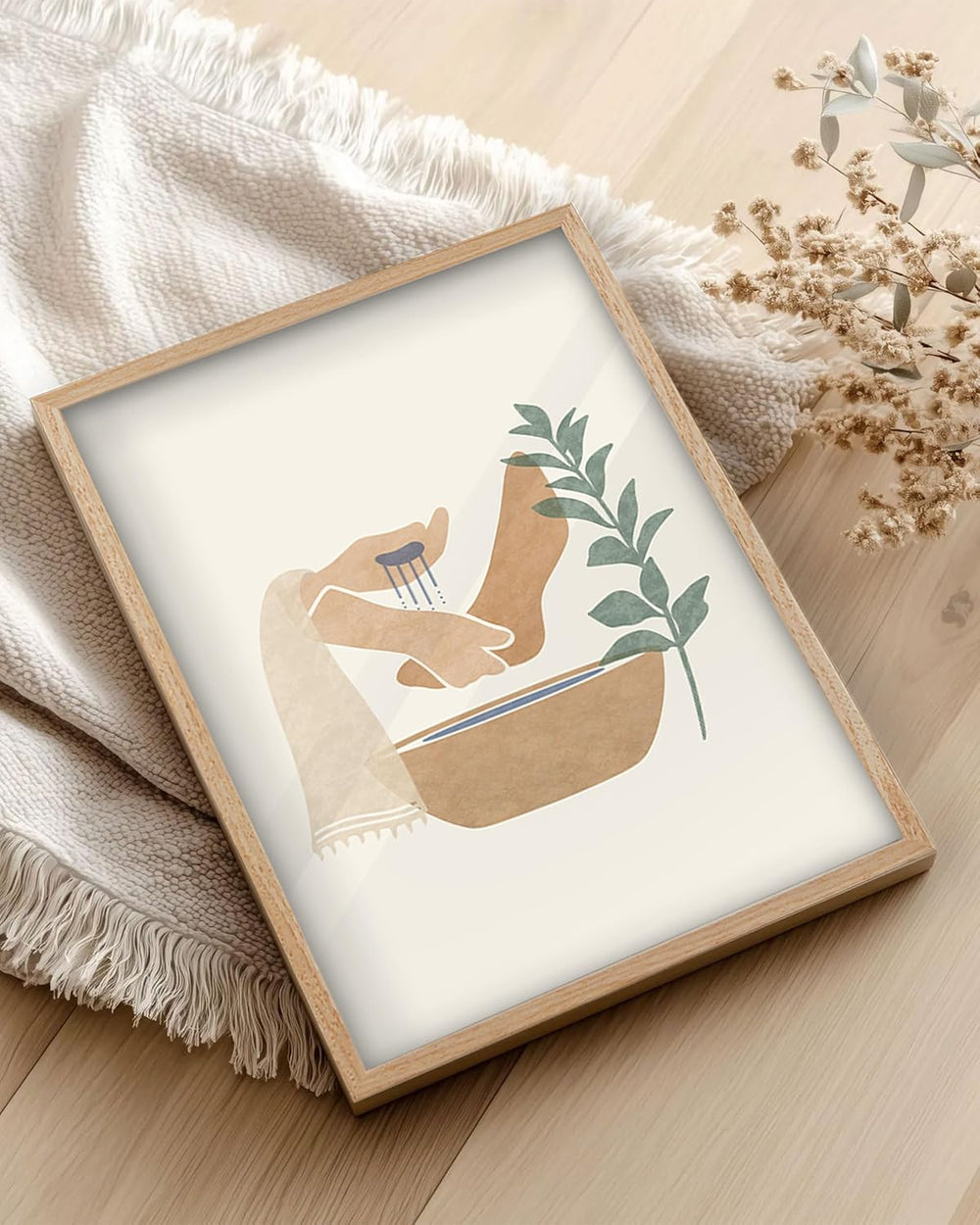 KensTro 12x16 Oak Framed Jesus Washing Feet Boho Christian Wall Art