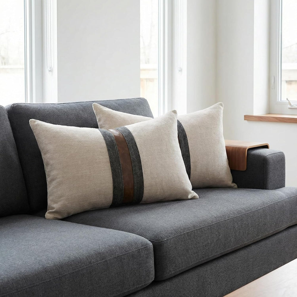 Set of 2 Leather Throw Pillow Covers Lumbar Cotton Linen Decor Patchwork Pill...