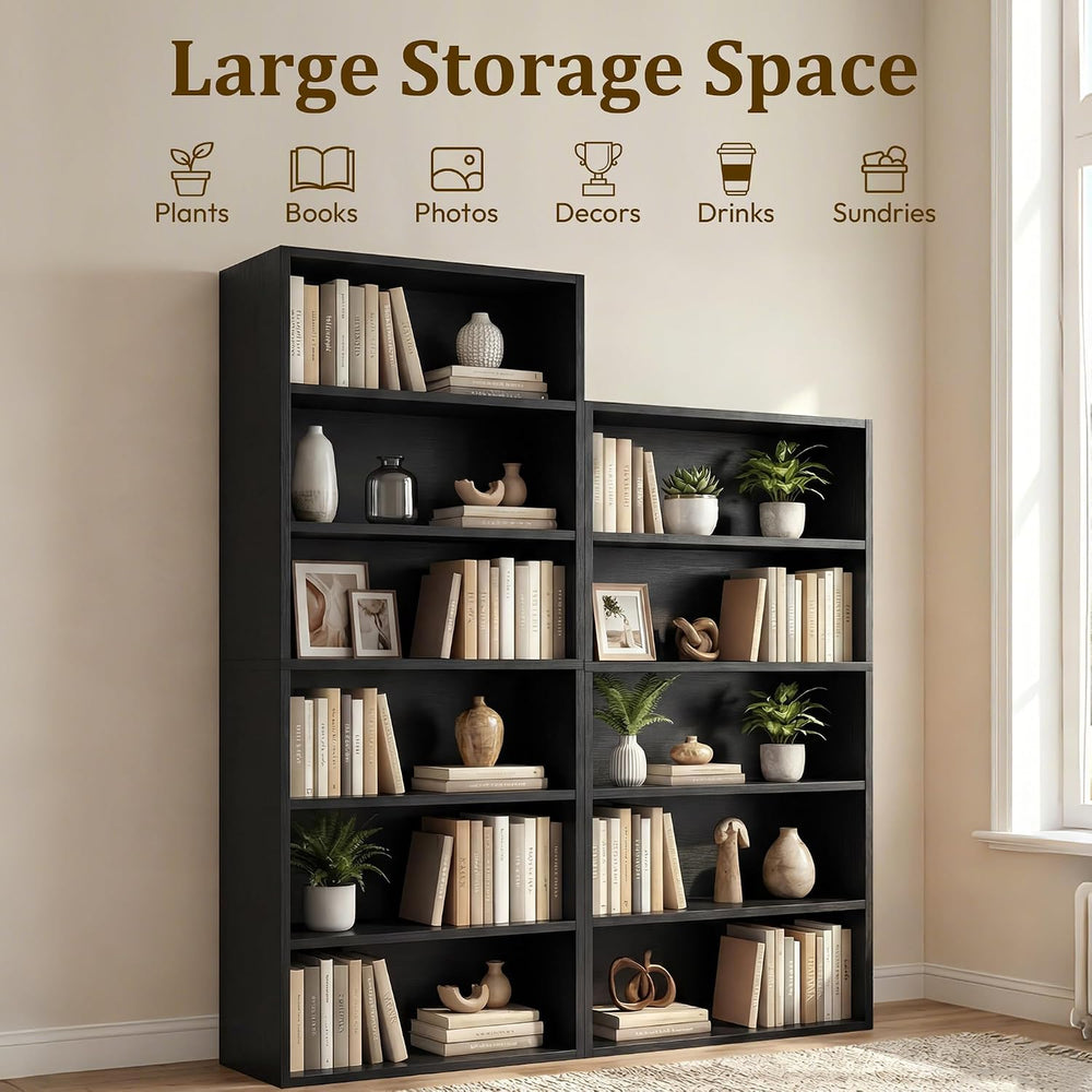 Black Tall Bookshelf with Adjustable Shelf, 6 Tier Display Storage Shelves