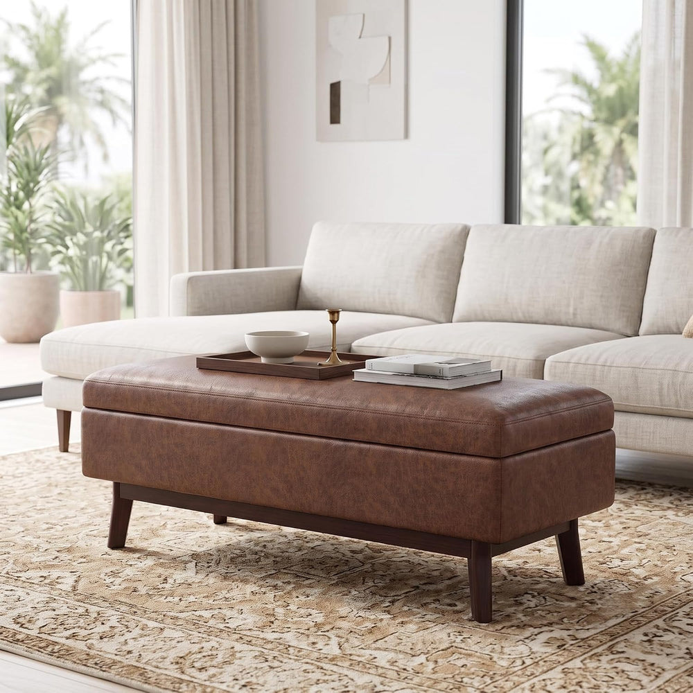 SIMPLIHOME Owen 48" Wide Vegan Leather Lift Top Ottoman in Saddle Brown