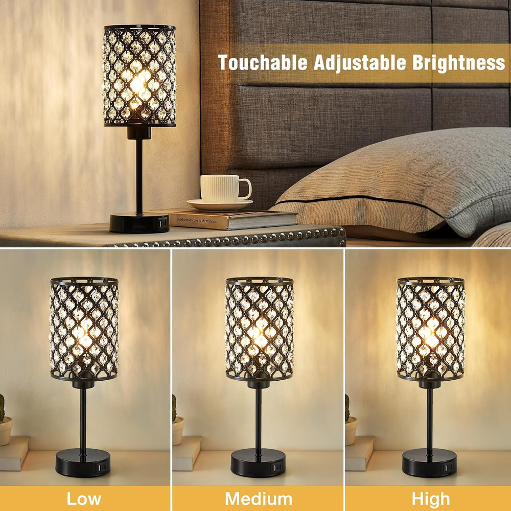 Crystal Table Lamp, Black Touch Lamp with USB C+A Port, 3-Way Dimmable