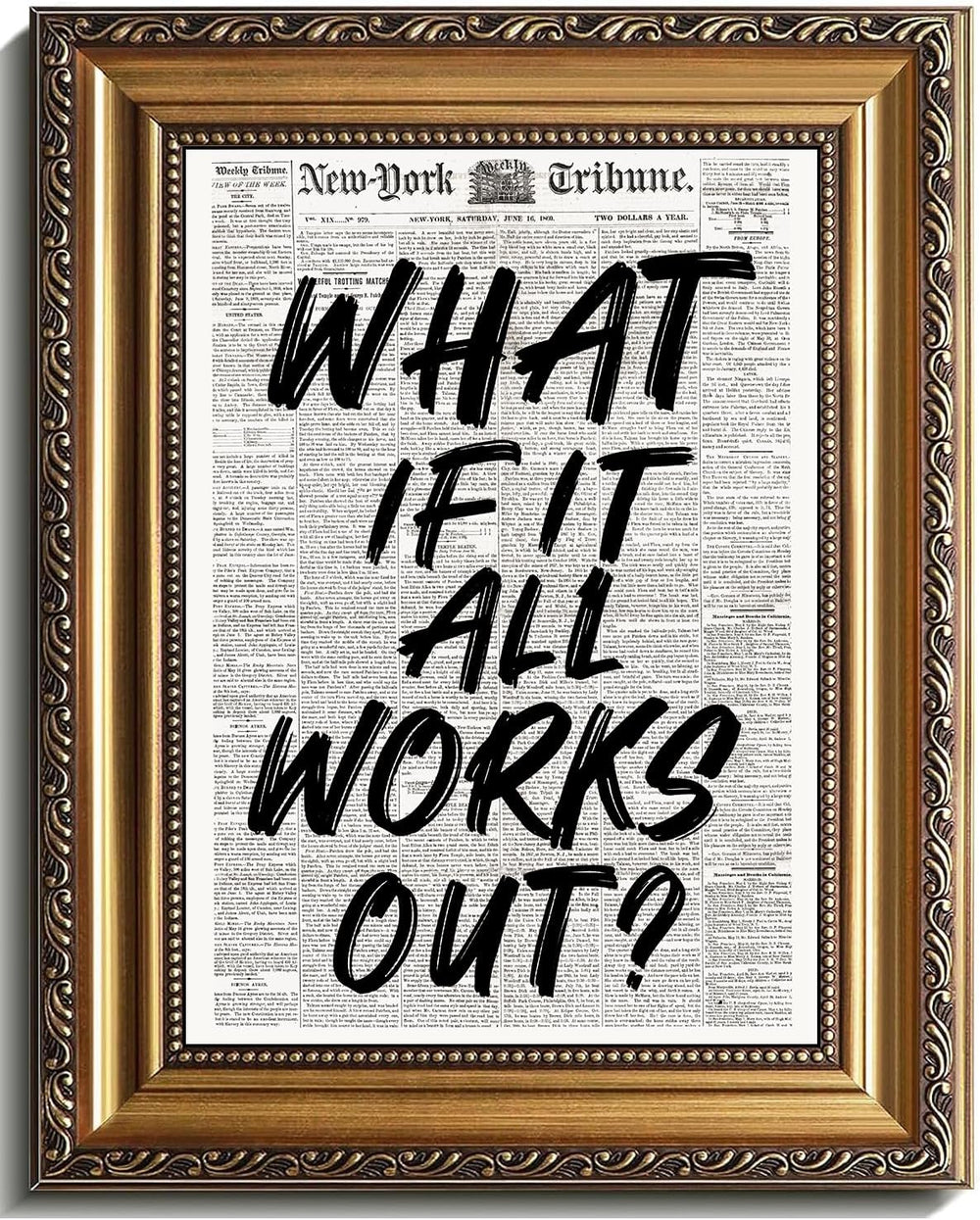 Gold Framed Wall Art Retro Black And White Newspaper Poster What If It All Wo...