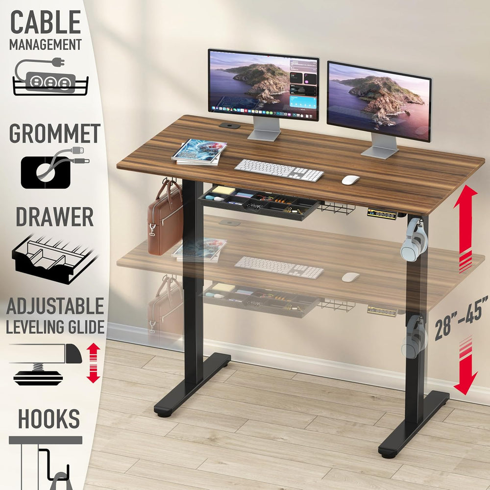 SHW 55 x 28 Electric Height Adjustable Standing Desk w/Drawer, Walnut