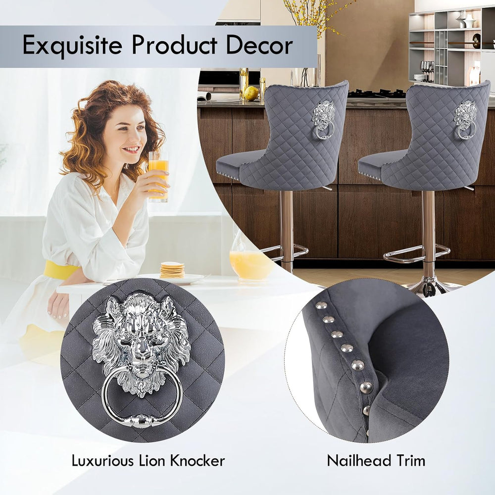 Velvet Bar Stools Set of 4,Modern Swivel Bar Height Stools with Lion Pull Rin...