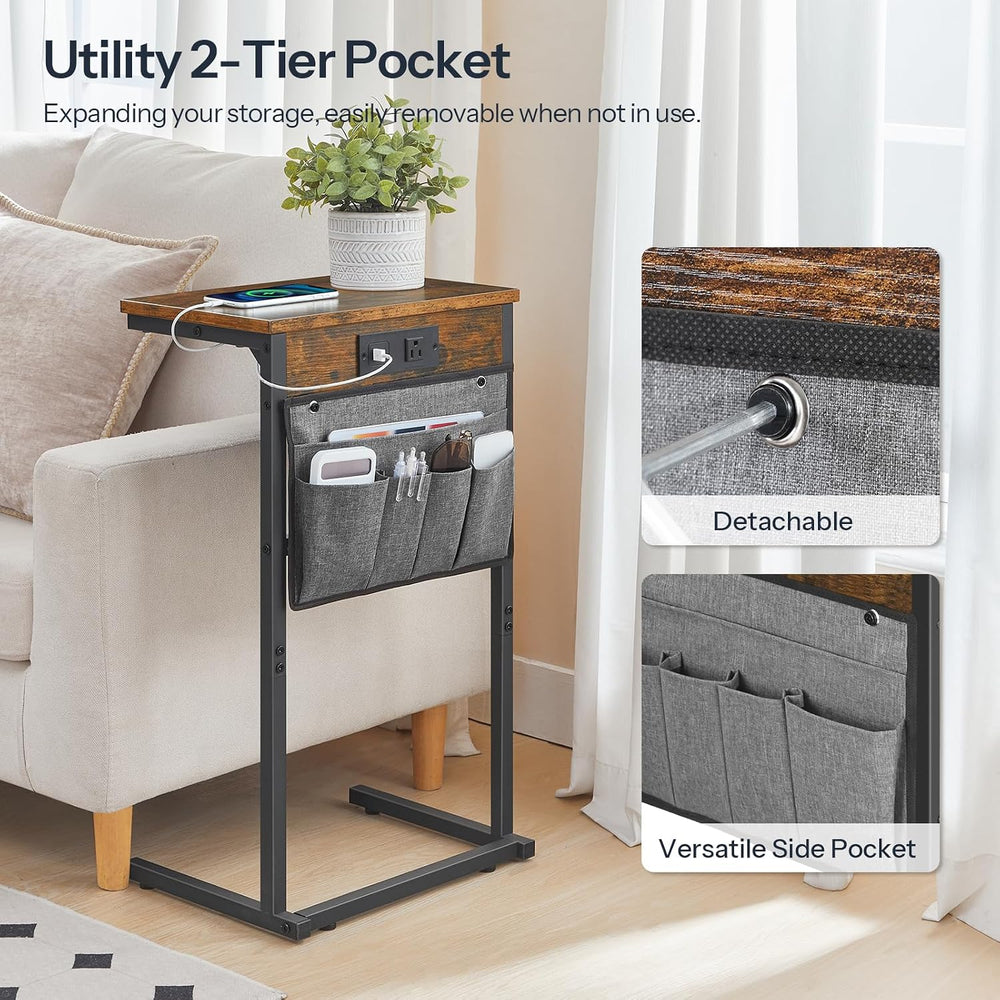 HOOBRO C Shaped End Table with Charging Station, Slide Under Couch Table