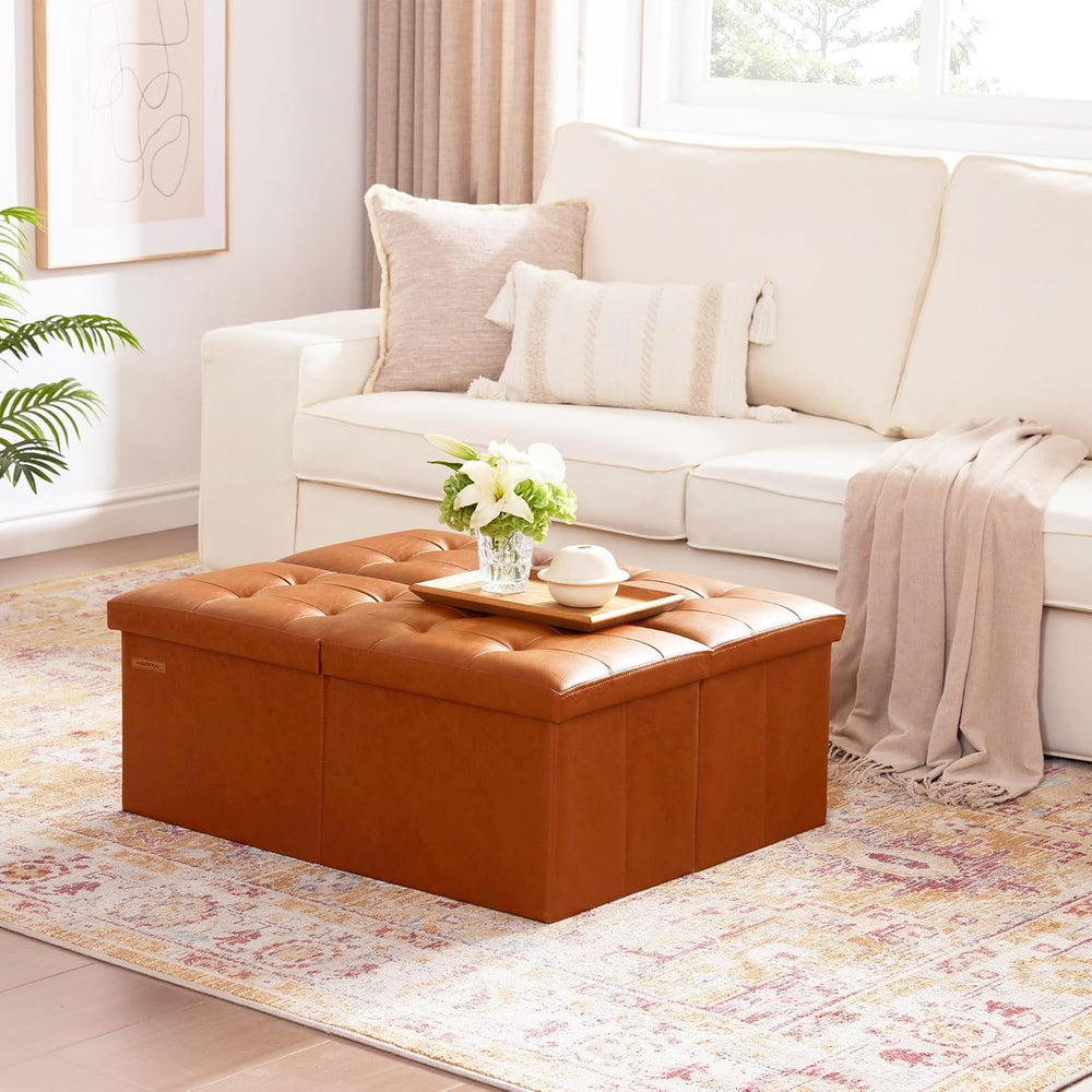 HAUSFRAU Ottoman with Storage Bench Folding Foot Rest Stool Cognac Brown