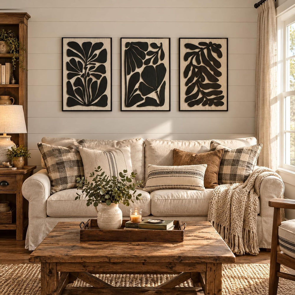 3D Large Solid Wood Wall Art Set of 3, Boho Botanical Wall Decor, 24x48 IN