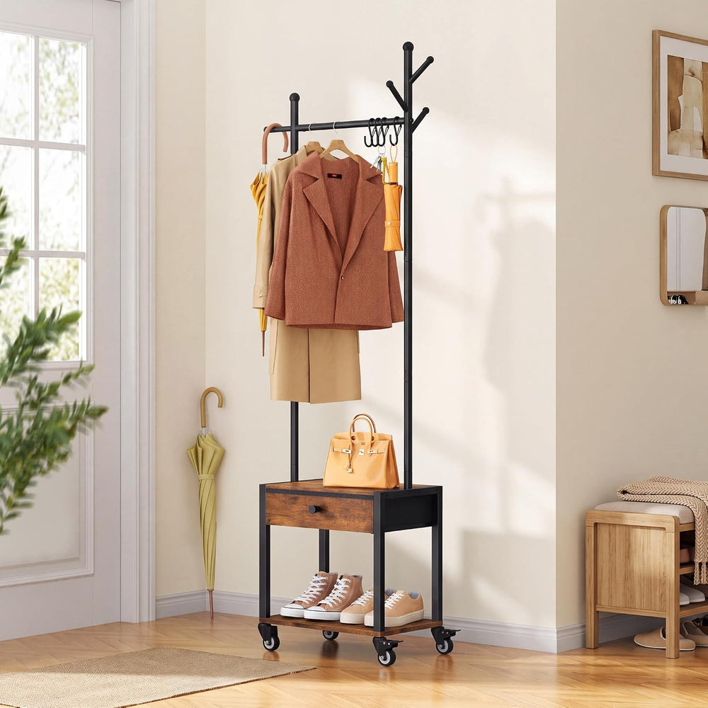 Tajsoon Coat Rack Freestanding with Lockable Wheel, Coat Stand with Drawer