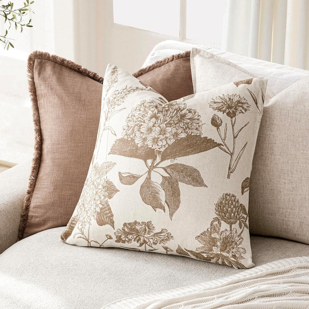Foindtower Decorative Linen Floral Throw Pillow Covers 22×22,Light Brown