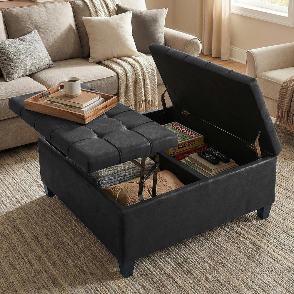 SIMPLIHOME Harrison 36" Wide Vegan Leather Lift Top Ottoman in Black