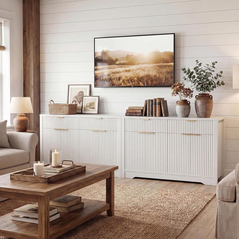 Cyclysio 55" Fluted Sideboard Buffet Cabinet with Drawers (White, 4 Doors)