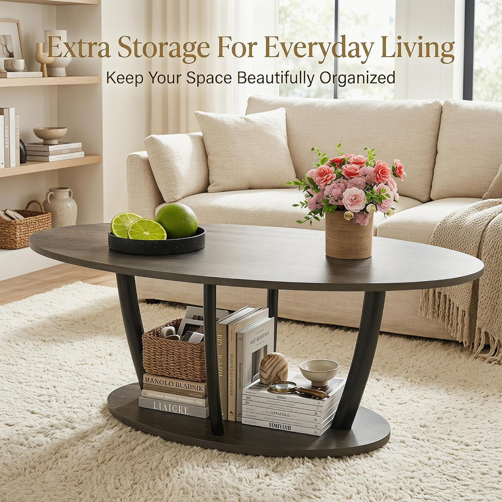 Manora Rustic Small Oval Coffee Table for Living Room, Narrow Wood Center Tab...