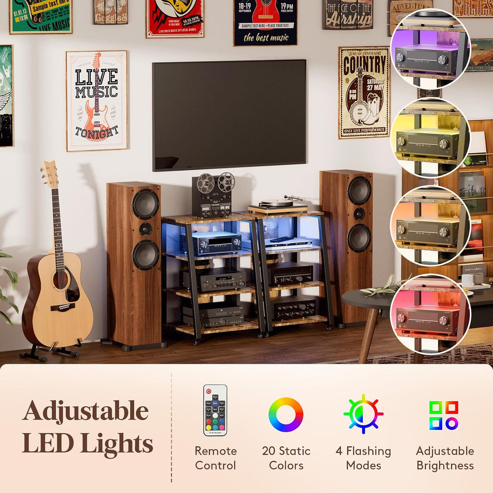 Lifewit 4 Tier Media Stand with Power & LED, Stereo Cabinet, Rustic Brown