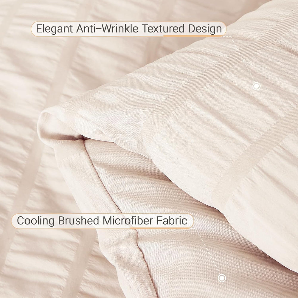 MUXHOMO King Comforter Set 7 Pieces, Seersucker Bed in a Bag, Beige