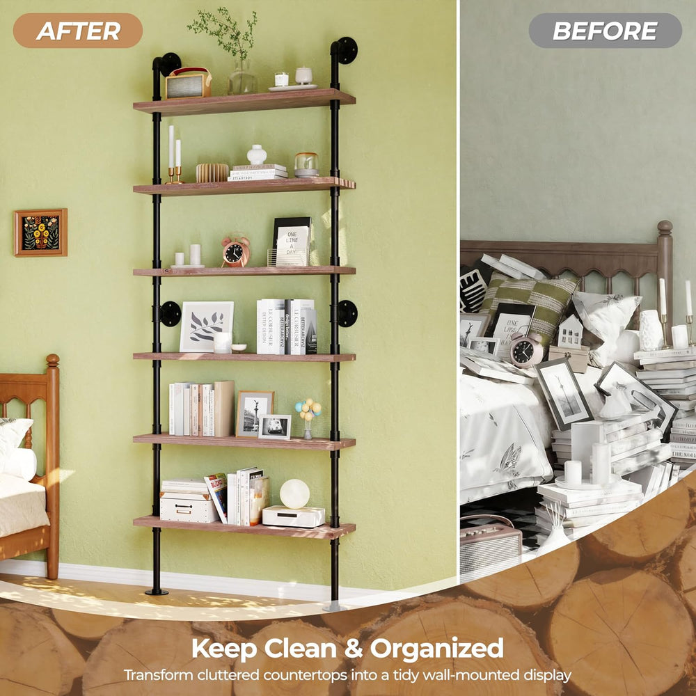 Industrial Pipe Bookshelf, Wall Mounted Shelf, 36 Inch, Weathered Brown