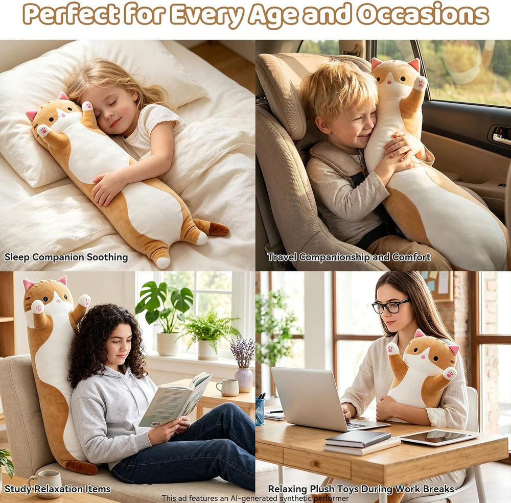 Cute Long Cat Plush Body Pillow, Soft Stuffed Animals 35.4 Inch