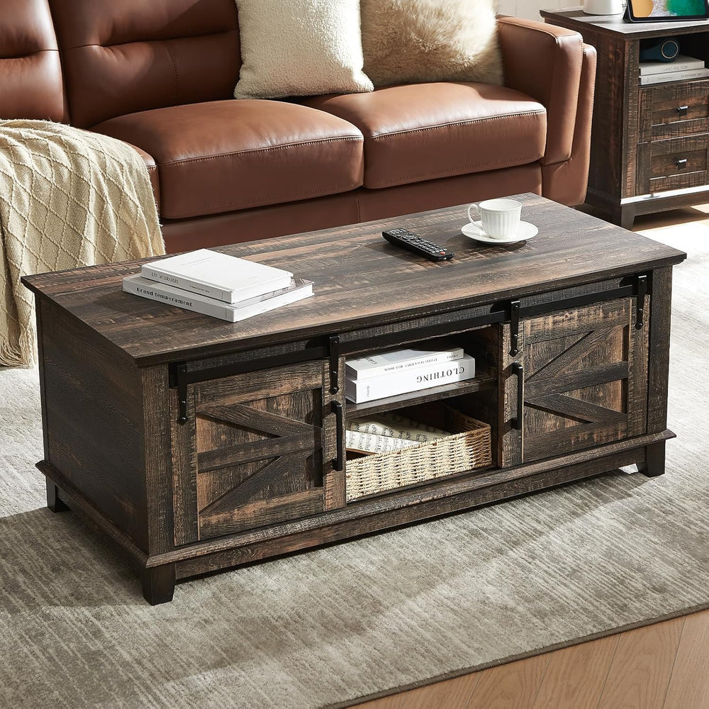 AMERLIFE 48" Farmhouse Coffee Table with Sliding Barn Doors, Black Oak