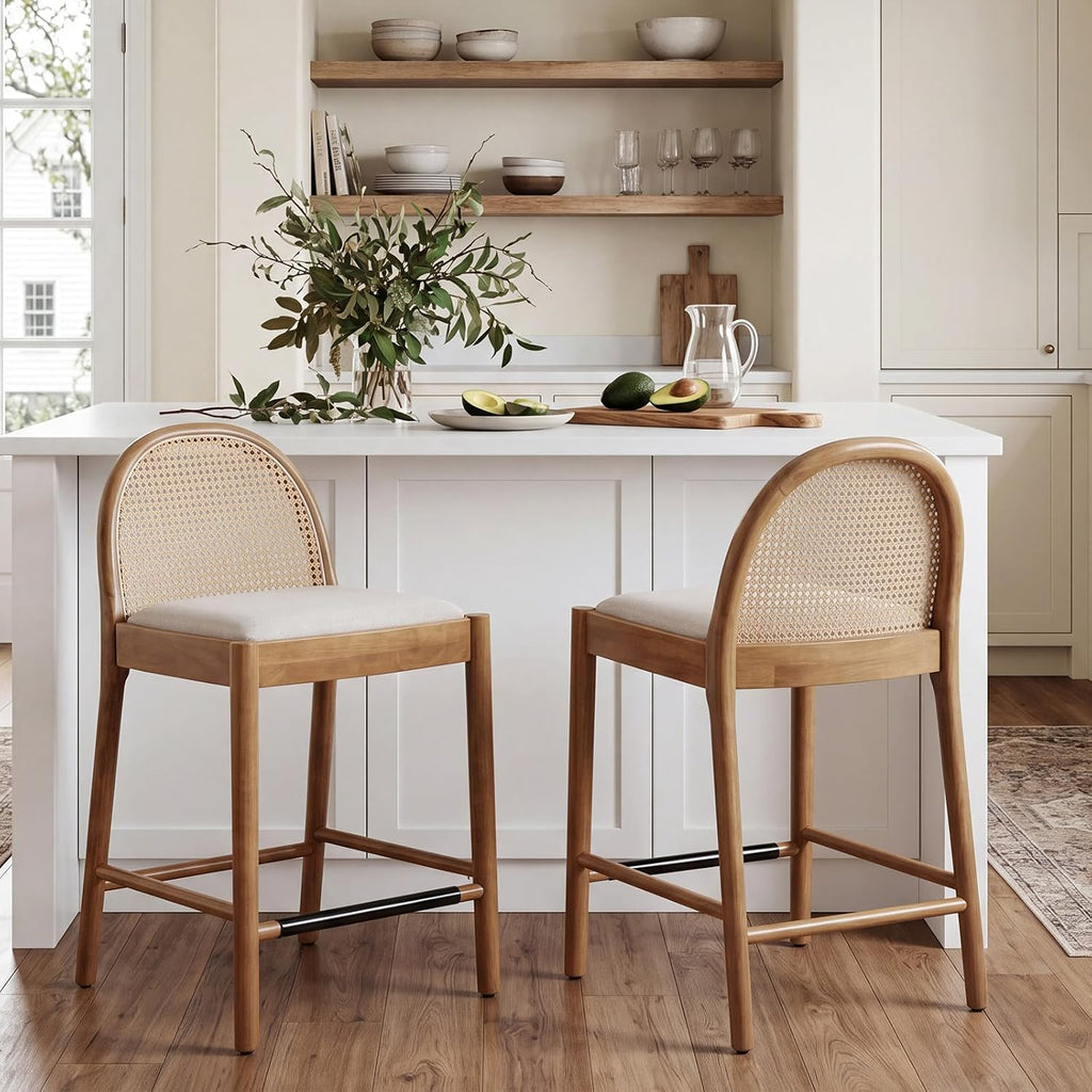 DUOMAY Modern Counter Stools Set of 4, 26 Inch Seat Height Counter Height Barstools Wooden Linen Upholstered Bar Stools with Oval Rattan Backrest Armless Kitchen Island Stool Chair, Beige