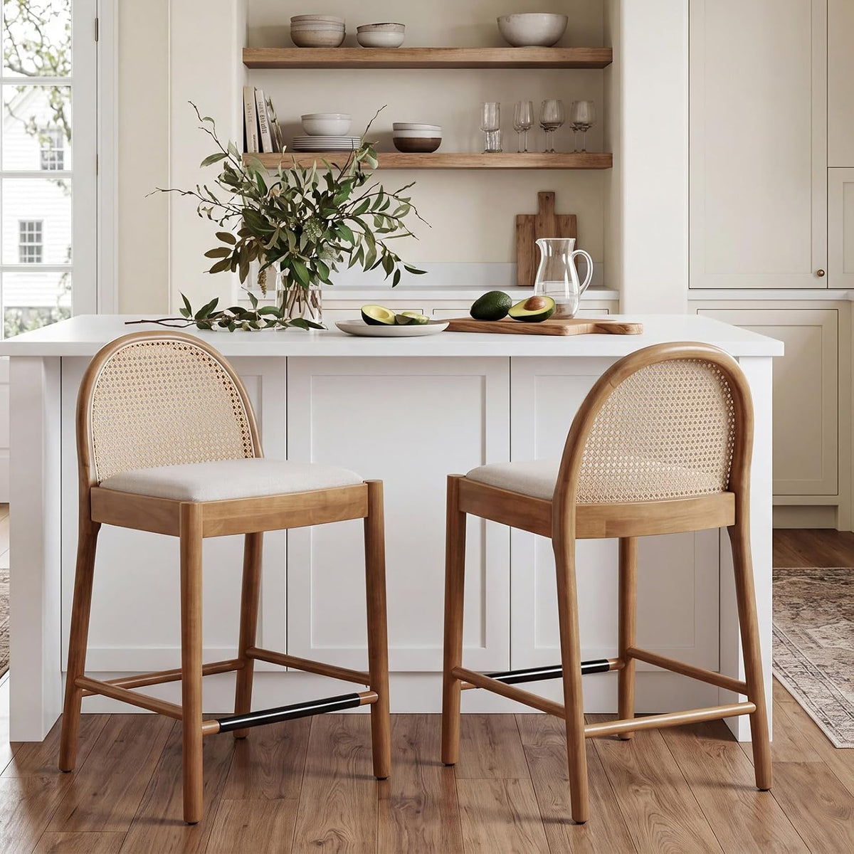 DUOMAY Modern Counter Stools Set of 4, 26 Inch Seat Height Counter Height Barstools Wooden Linen Upholstered Bar Stools with Oval Rattan Backrest Armless Kitchen Island Stool Chair, Beige