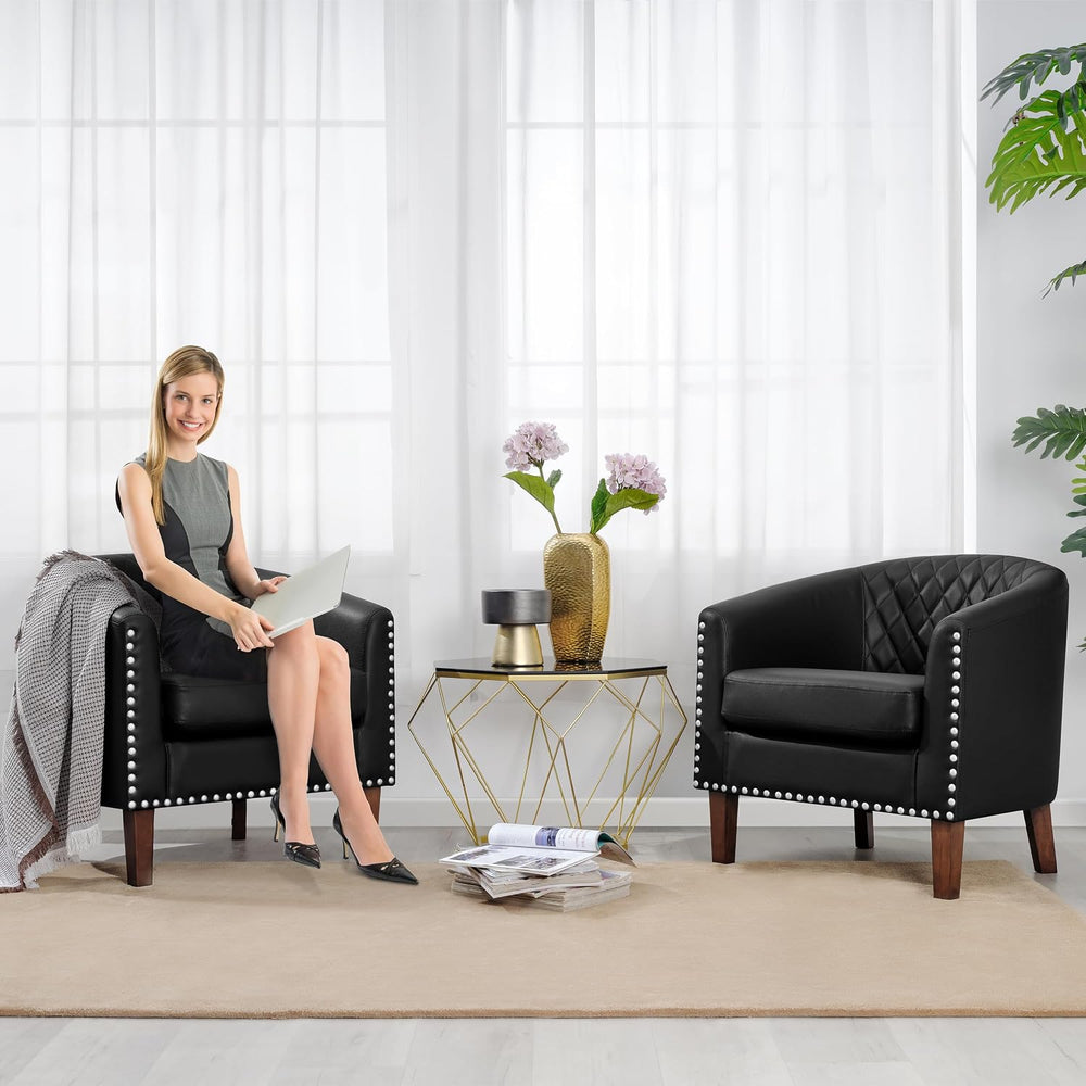 PrimeZone Barrel Chair Set of 2, Comfy Accent Chair, Faux Leather Living Room...